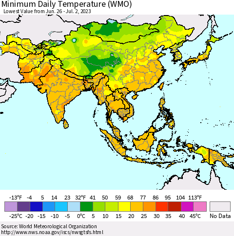 Asia Minimum Daily Temperature (WMO) Thematic Map For 6/26/2023 - 7/2/2023