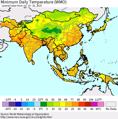 Asia Minimum Daily Temperature (WMO) Thematic Map For 7/10/2023 - 7/16/2023