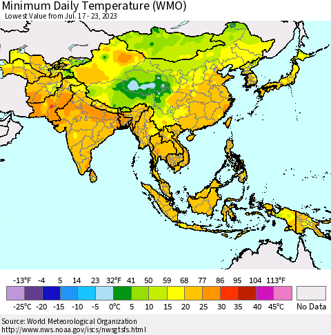Asia Minimum Daily Temperature (WMO) Thematic Map For 7/17/2023 - 7/23/2023