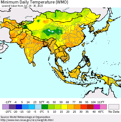 Asia Minimum Daily Temperature (WMO) Thematic Map For 7/24/2023 - 7/30/2023