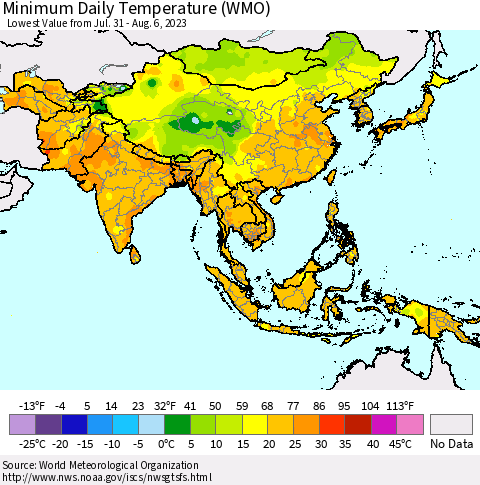 Asia Minimum Daily Temperature (WMO) Thematic Map For 7/31/2023 - 8/6/2023