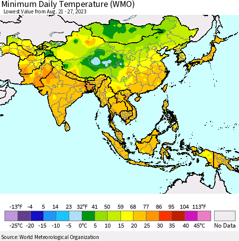 Asia Minimum Daily Temperature (WMO) Thematic Map For 8/21/2023 - 8/27/2023