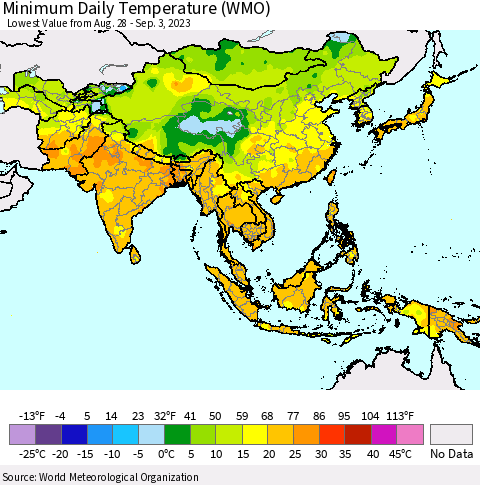 Asia Minimum Daily Temperature (WMO) Thematic Map For 8/28/2023 - 9/3/2023