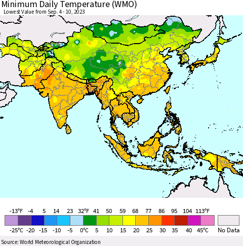 Asia Minimum Daily Temperature (WMO) Thematic Map For 9/4/2023 - 9/10/2023