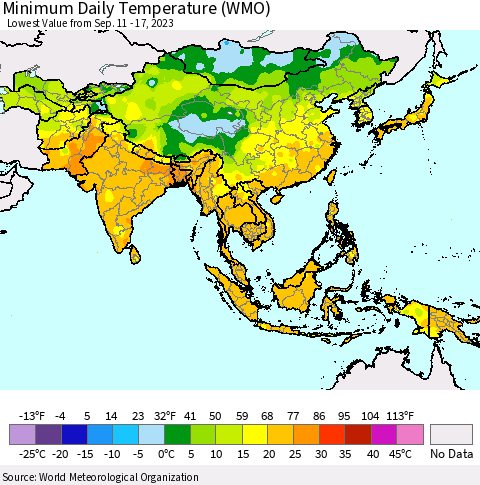 Asia Minimum Daily Temperature (WMO) Thematic Map For 9/11/2023 - 9/17/2023