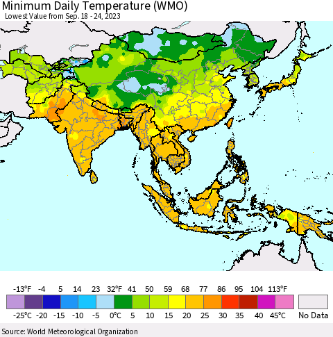Asia Minimum Daily Temperature (WMO) Thematic Map For 9/18/2023 - 9/24/2023