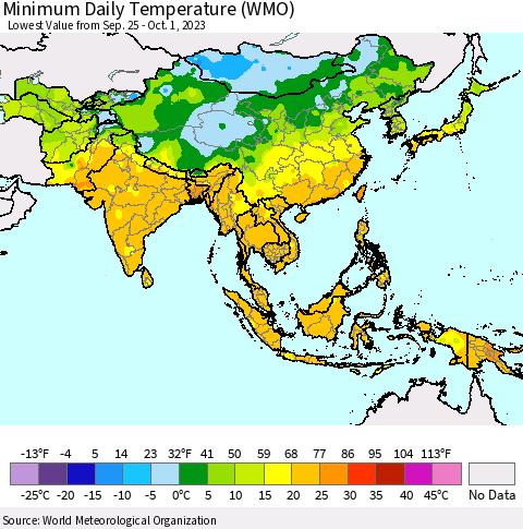 Asia Minimum Daily Temperature (WMO) Thematic Map For 9/25/2023 - 10/1/2023