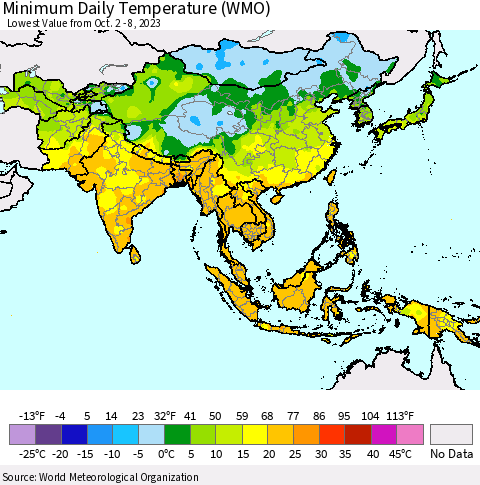 Asia Minimum Daily Temperature (WMO) Thematic Map For 10/2/2023 - 10/8/2023