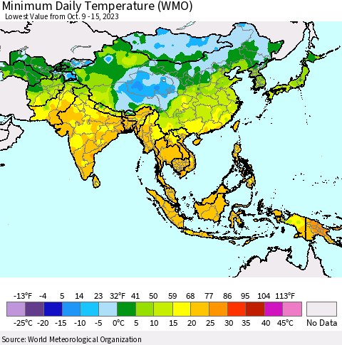 Asia Minimum Daily Temperature (WMO) Thematic Map For 10/9/2023 - 10/15/2023
