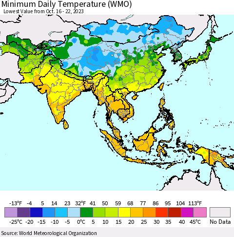 Asia Minimum Daily Temperature (WMO) Thematic Map For 10/16/2023 - 10/22/2023
