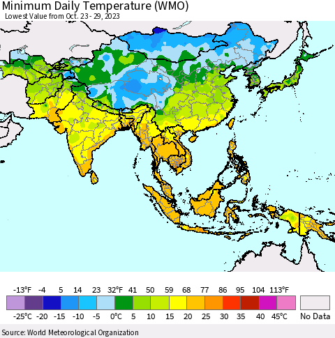 Asia Minimum Daily Temperature (WMO) Thematic Map For 10/23/2023 - 10/29/2023
