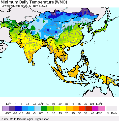 Asia Minimum Daily Temperature (WMO) Thematic Map For 10/30/2023 - 11/5/2023
