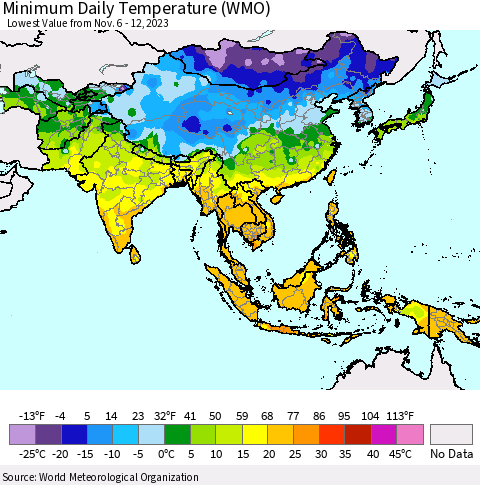 Asia Minimum Daily Temperature (WMO) Thematic Map For 11/6/2023 - 11/12/2023