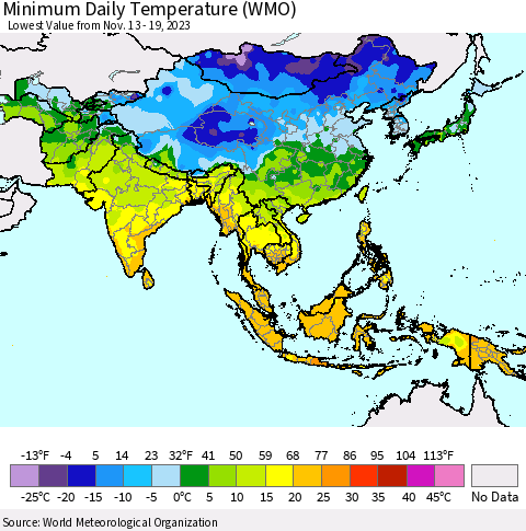 Asia Minimum Daily Temperature (WMO) Thematic Map For 11/13/2023 - 11/19/2023