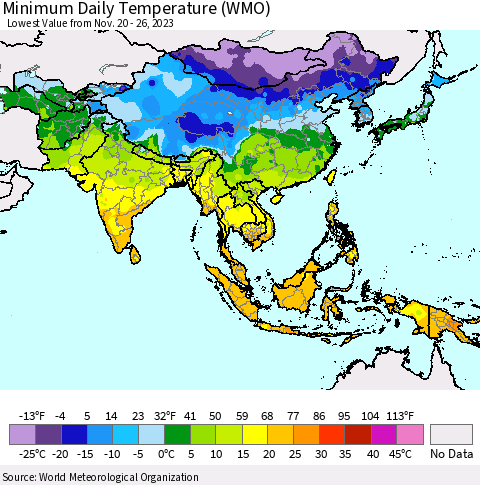 Asia Minimum Daily Temperature (WMO) Thematic Map For 11/20/2023 - 11/26/2023