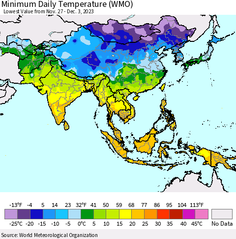 Asia Minimum Daily Temperature (WMO) Thematic Map For 11/27/2023 - 12/3/2023
