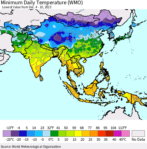 Asia Minimum Daily Temperature (WMO) Thematic Map For 12/4/2023 - 12/10/2023