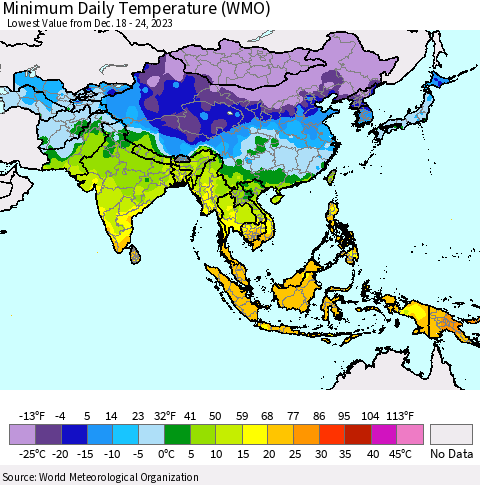 Asia Minimum Daily Temperature (WMO) Thematic Map For 12/18/2023 - 12/24/2023