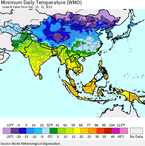 Asia Minimum Daily Temperature (WMO) Thematic Map For 12/25/2023 - 12/31/2023