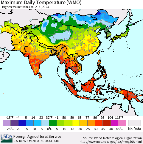 Asia Maximum Daily Temperature (WMO) Thematic Map For 1/2/2023 - 1/8/2023