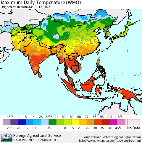 Asia Maximum Daily Temperature (WMO) Thematic Map For 1/9/2023 - 1/15/2023