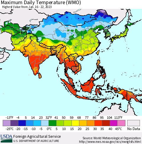Asia Maximum Daily Temperature (WMO) Thematic Map For 1/16/2023 - 1/22/2023