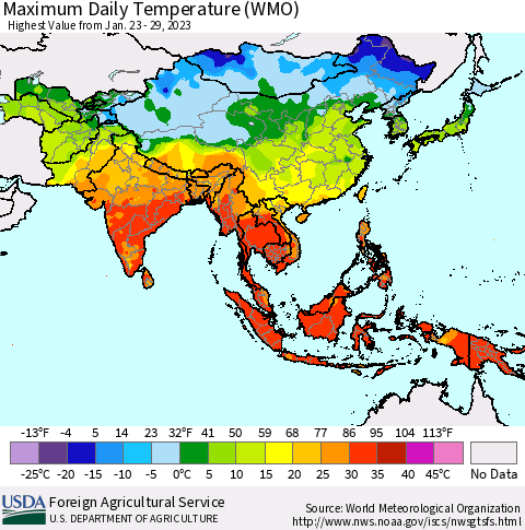 Asia Maximum Daily Temperature (WMO) Thematic Map For 1/23/2023 - 1/29/2023