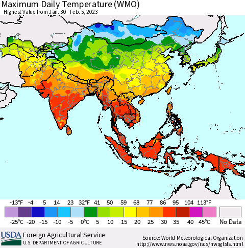 Asia Maximum Daily Temperature (WMO) Thematic Map For 1/30/2023 - 2/5/2023