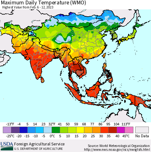 Asia Maximum Daily Temperature (WMO) Thematic Map For 2/6/2023 - 2/12/2023