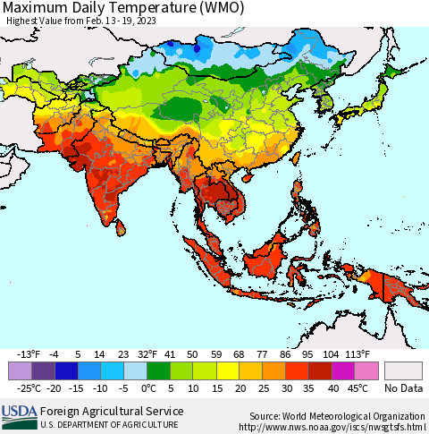Asia Maximum Daily Temperature (WMO) Thematic Map For 2/13/2023 - 2/19/2023