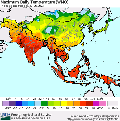 Asia Maximum Daily Temperature (WMO) Thematic Map For 2/20/2023 - 2/26/2023