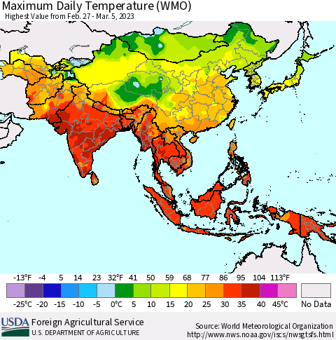Asia Maximum Daily Temperature (WMO) Thematic Map For 2/27/2023 - 3/5/2023