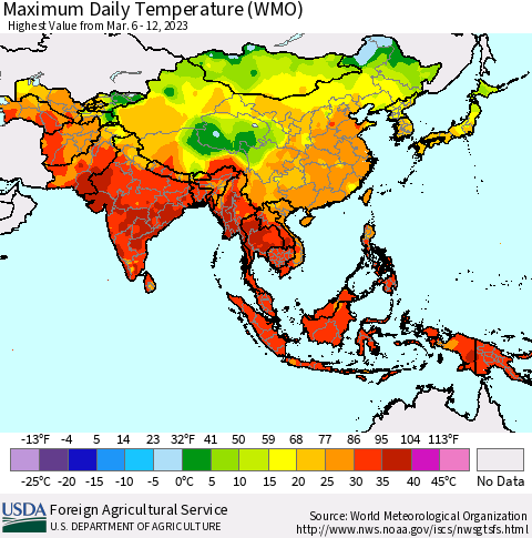 Asia Maximum Daily Temperature (WMO) Thematic Map For 3/6/2023 - 3/12/2023