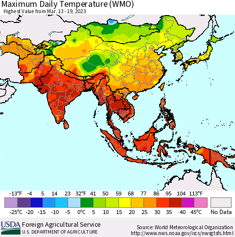 Asia Maximum Daily Temperature (WMO) Thematic Map For 3/13/2023 - 3/19/2023