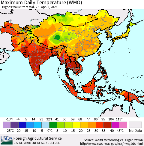 Asia Maximum Daily Temperature (WMO) Thematic Map For 3/27/2023 - 4/2/2023