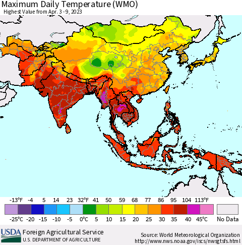 Asia Maximum Daily Temperature (WMO) Thematic Map For 4/3/2023 - 4/9/2023