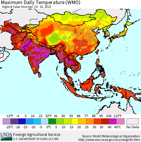Asia Maximum Daily Temperature (WMO) Thematic Map For 4/10/2023 - 4/16/2023