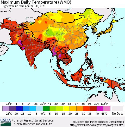 Asia Maximum Daily Temperature (WMO) Thematic Map For 4/24/2023 - 4/30/2023