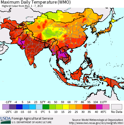 Asia Maximum Daily Temperature (WMO) Thematic Map For 5/1/2023 - 5/7/2023