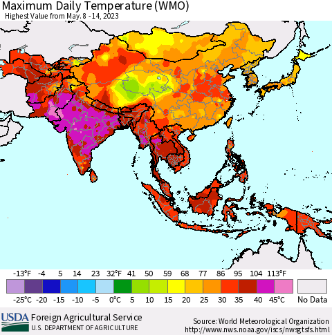 Asia Maximum Daily Temperature (WMO) Thematic Map For 5/8/2023 - 5/14/2023