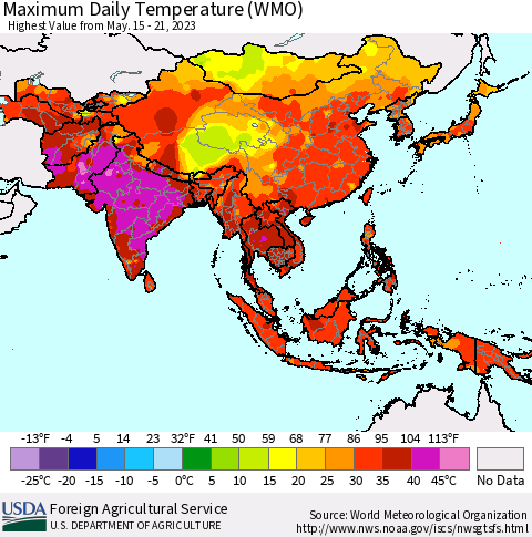 Asia Maximum Daily Temperature (WMO) Thematic Map For 5/15/2023 - 5/21/2023
