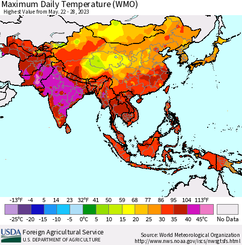 Asia Maximum Daily Temperature (WMO) Thematic Map For 5/22/2023 - 5/28/2023