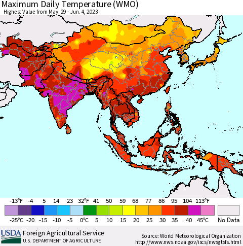 Asia Maximum Daily Temperature (WMO) Thematic Map For 5/29/2023 - 6/4/2023