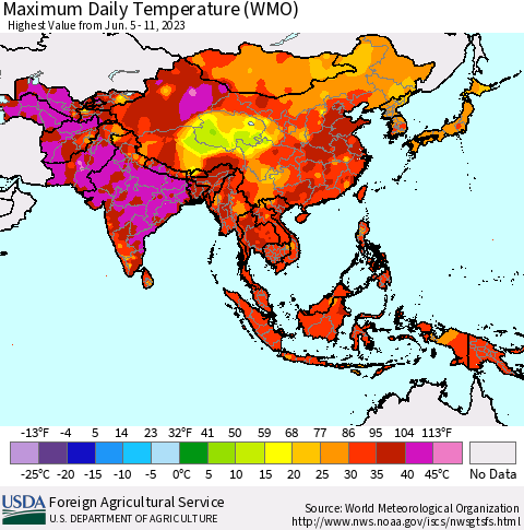 Asia Maximum Daily Temperature (WMO) Thematic Map For 6/5/2023 - 6/11/2023