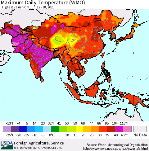 Asia Maximum Daily Temperature (WMO) Thematic Map For 6/12/2023 - 6/18/2023