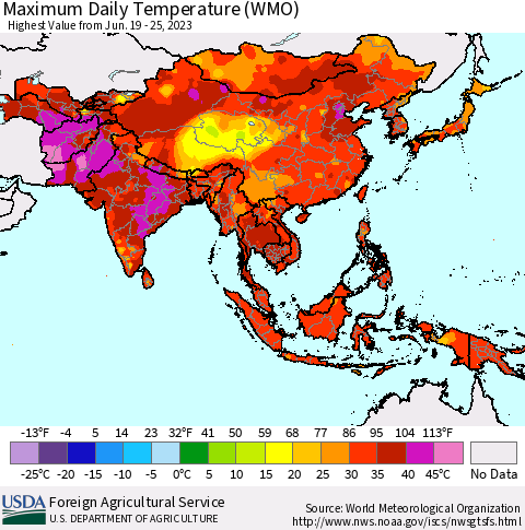 Asia Maximum Daily Temperature (WMO) Thematic Map For 6/19/2023 - 6/25/2023