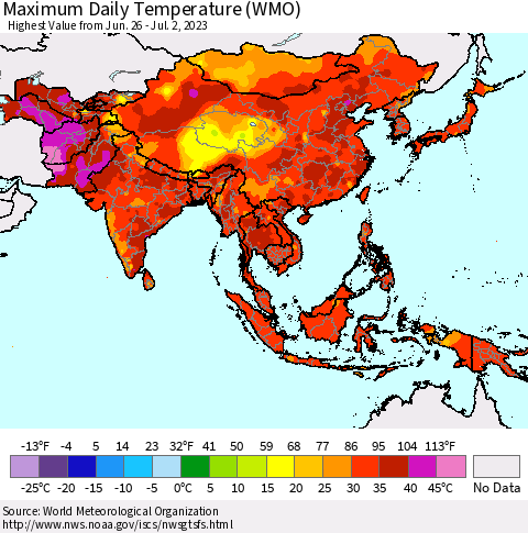Asia Maximum Daily Temperature (WMO) Thematic Map For 6/26/2023 - 7/2/2023