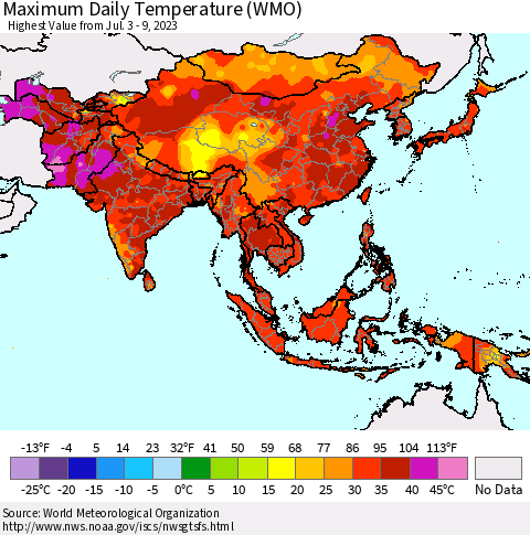 Asia Maximum Daily Temperature (WMO) Thematic Map For 7/3/2023 - 7/9/2023