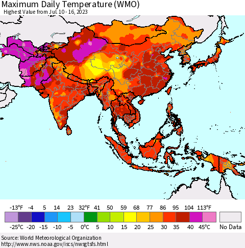 Asia Maximum Daily Temperature (WMO) Thematic Map For 7/10/2023 - 7/16/2023