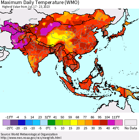 Asia Maximum Daily Temperature (WMO) Thematic Map For 7/17/2023 - 7/23/2023